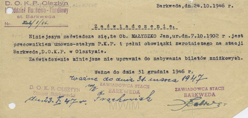 KKE 5294.jpg - Dok. Zaświadczenie wydanie przez PKP dla Jana Małyszko dotyczące pracy w PKP, Barkweda, 24 X 1946 r.